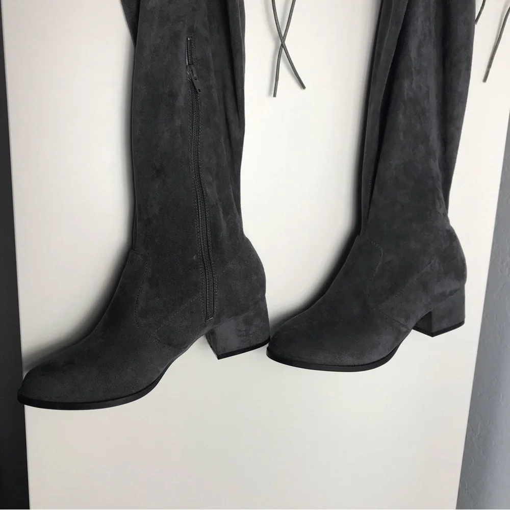 NWOT Gray Faux Suede Over the Knee Boots | Block Heel Tie Back Zip | Fall Winter